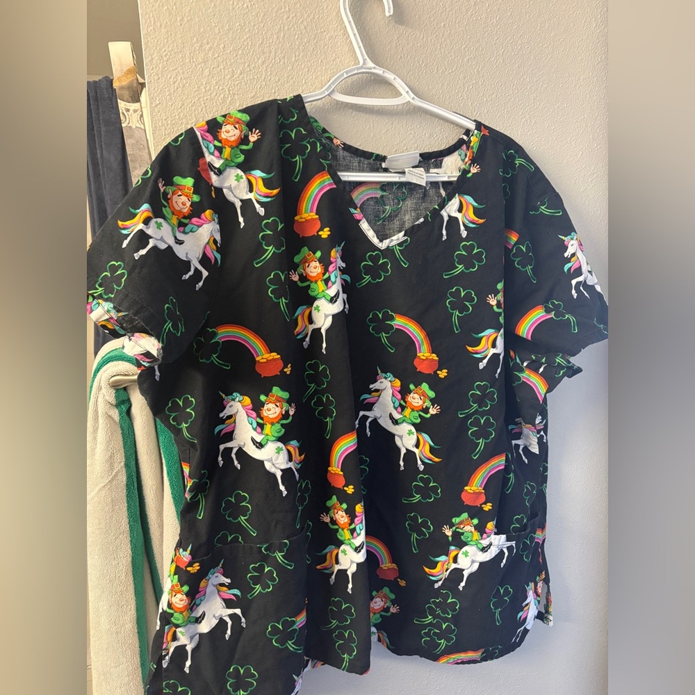 Scrubstar Black Scrub Top with Green & White Accents